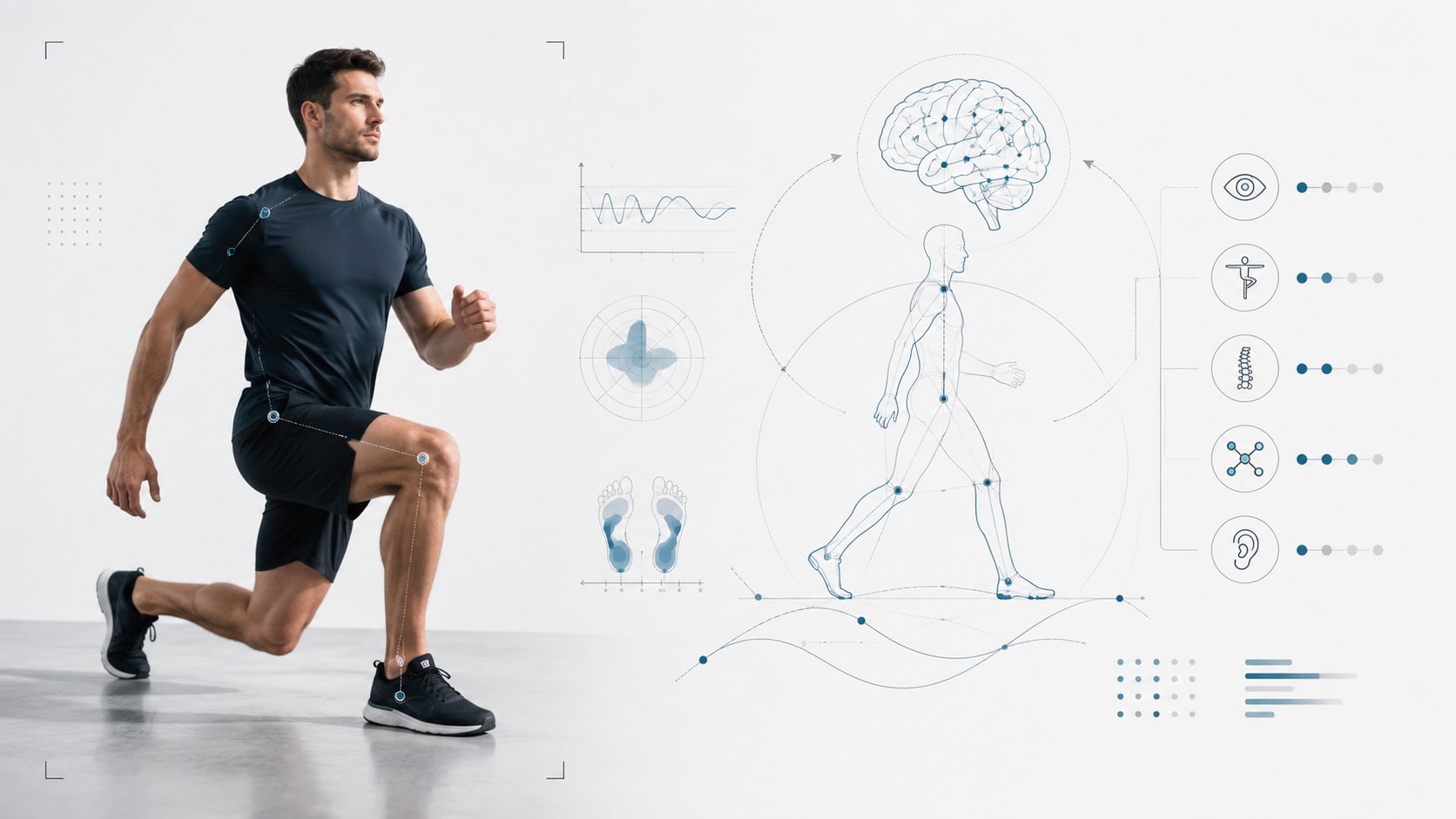 Un athlète en mouvement, accompagné de repères sur la coordination.