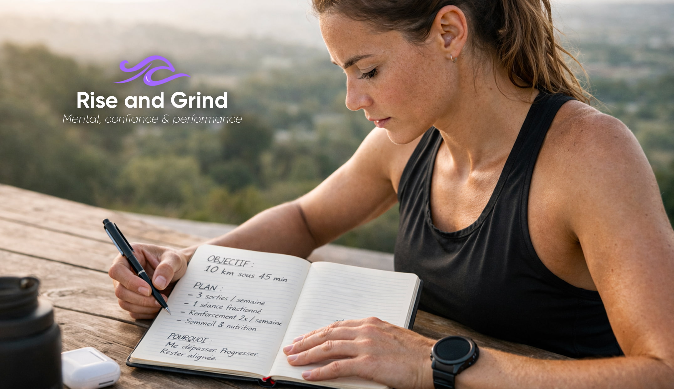 Une sportive note ses objectifs dans un carnet.
