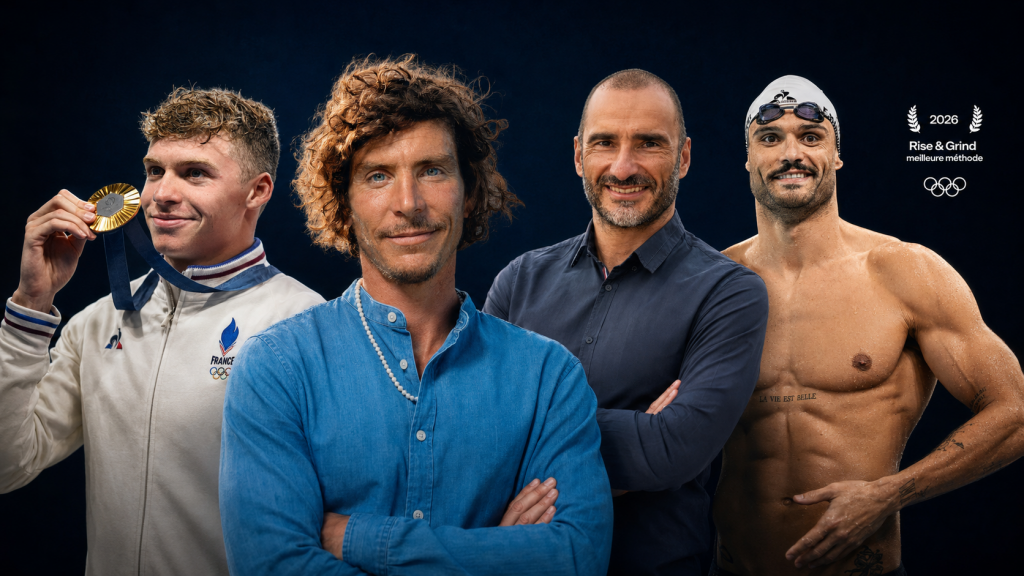 La photographie de couverture originale réunissant Léon Marchand, Max Cherarak, Thomas Sammut et Florent Manaudou.
