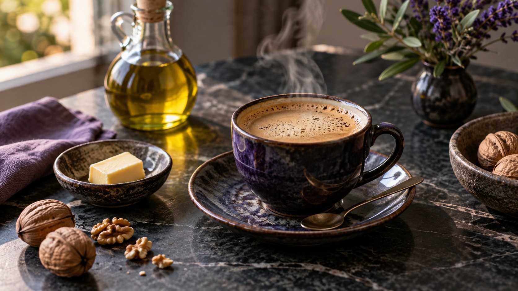 Un café mousseux, des noix, de l’huile d’olive et une petite portion de beurre dans une lumière matinale.